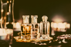 Perfume bottles and vintage fragrance at night, aroma scent, fragrant cosmetics and eau de toilette as luxury beauty brand, holiday fashion parfum design